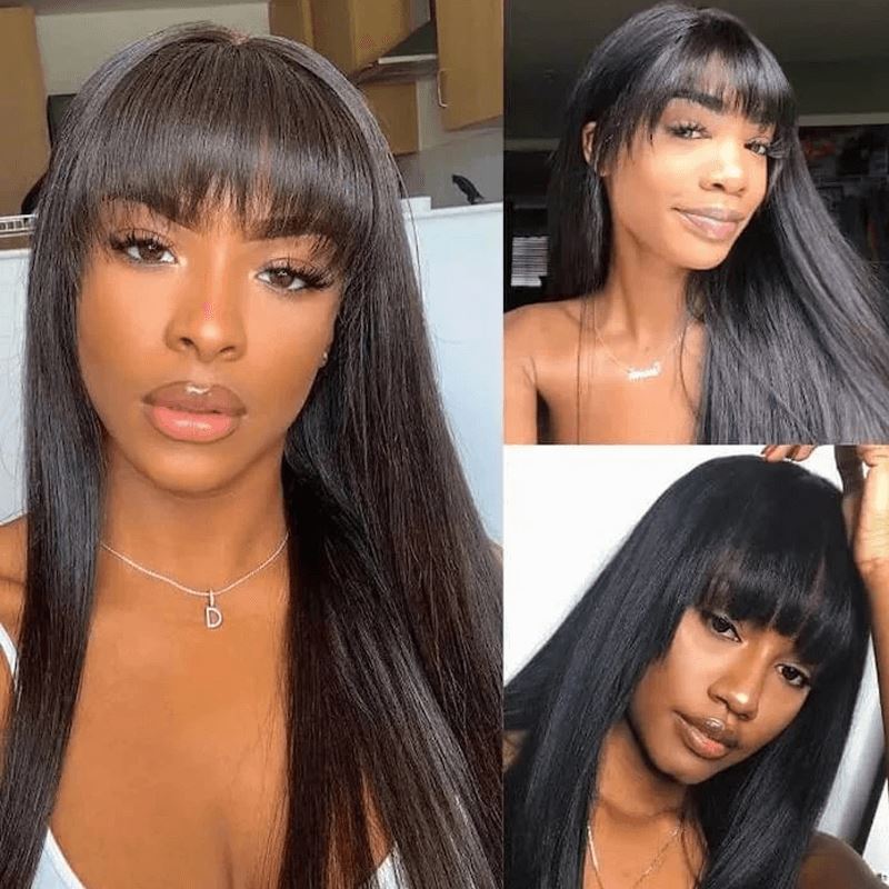 Aligrace Straight Human Hair Wigs with Bangs Machine Made Wig Lace Front Wig with Bang AliGrace