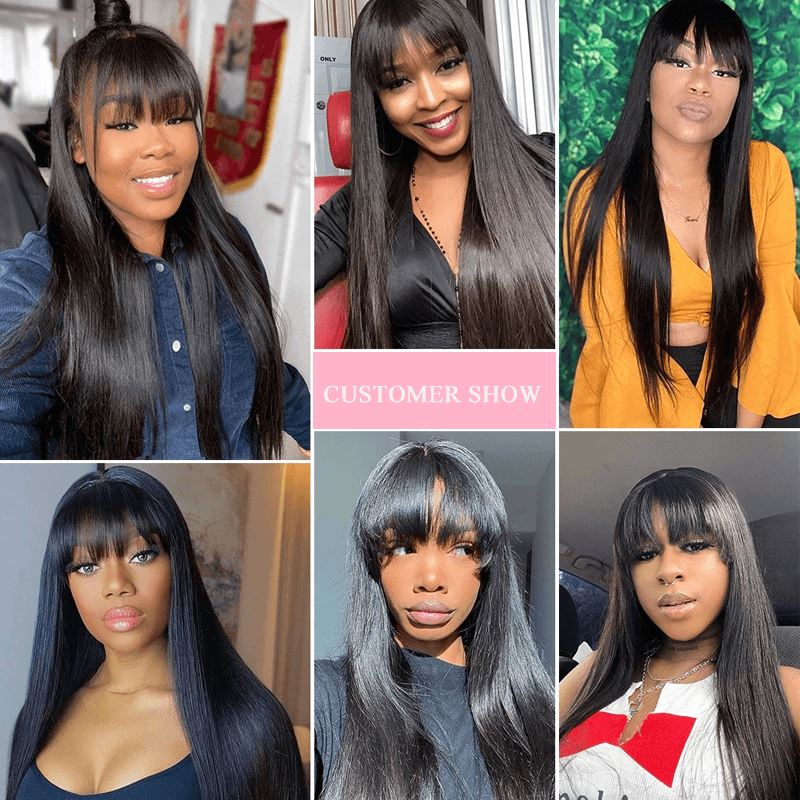 Aligrace Full Machine Made Straight Wigs with Bangs Black Color