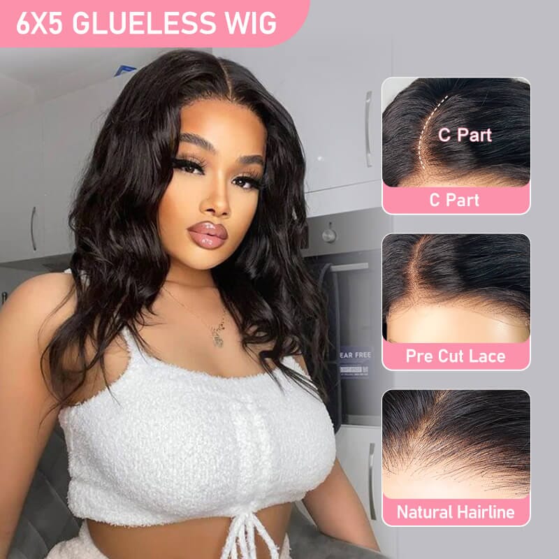Aligrace 6x5 Pre-Cut Lace Wear Go Glueless Body Wave C Part Short BoB Wig