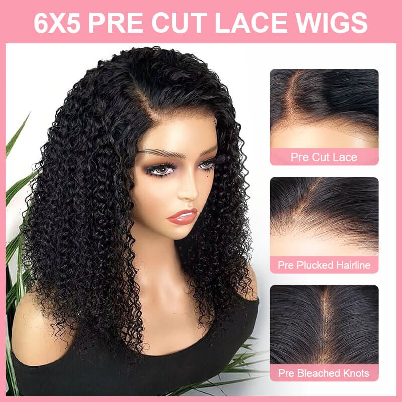 Aligrace 6x5 Pre-Cut Lace 100% Virgin Human Hair Curly Wear Go Glueless C Part Short BoB Wig