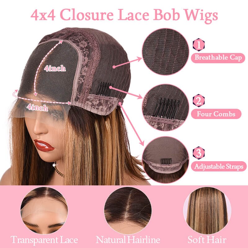 Aligrace 4x4 Closure Lace Straight Human Hair Bob Wigs Highlight Brown Color