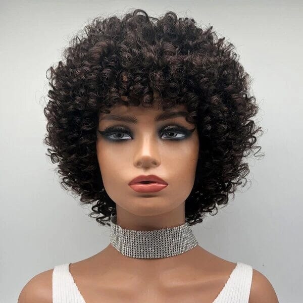 Aligrace Machine Made Curly Wigs With Bangs Dark Brown Color