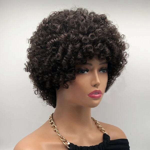 Aligrace Machine Made Curly Wigs With Bangs Dark Brown Color