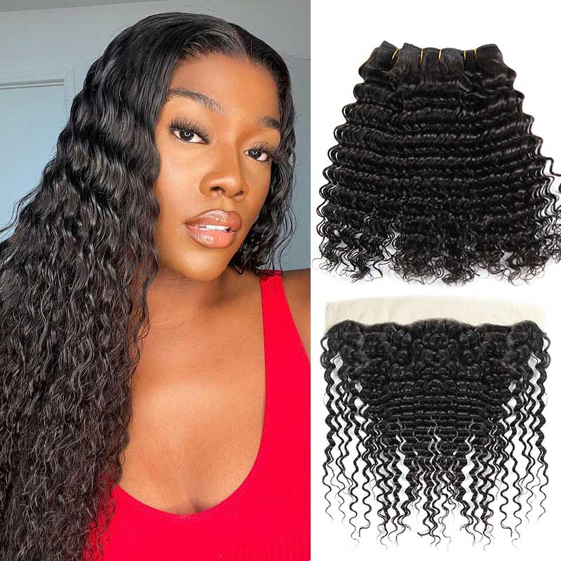 Ali Grace Deep Wave Hair Bundles 3 Pcs with 13x4 Lace frontal