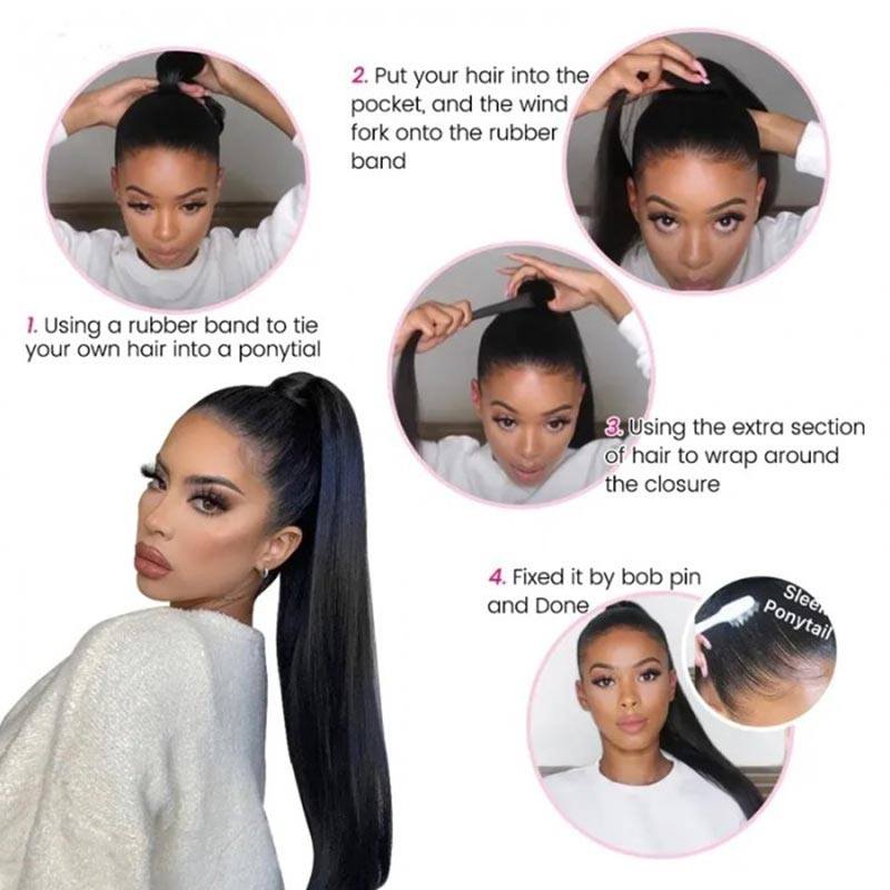 Ali Grace Straight Clip In Weave Ponytail Hair Extensions Human Hair Wrap Around High Ponytail With Weave 4x4 5x5 6x6 Lace Closure Wig AliGrace