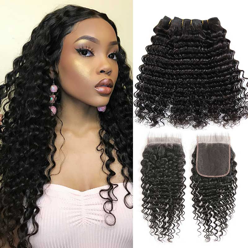 Ali Grace Deep Wave Human Hair Bundles 3 Pcs With 4x4 Lace Closure