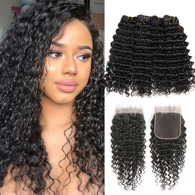 Ali Grace Deep Wave Hair Weave 4 Pcs With 4x4 Lace Closure