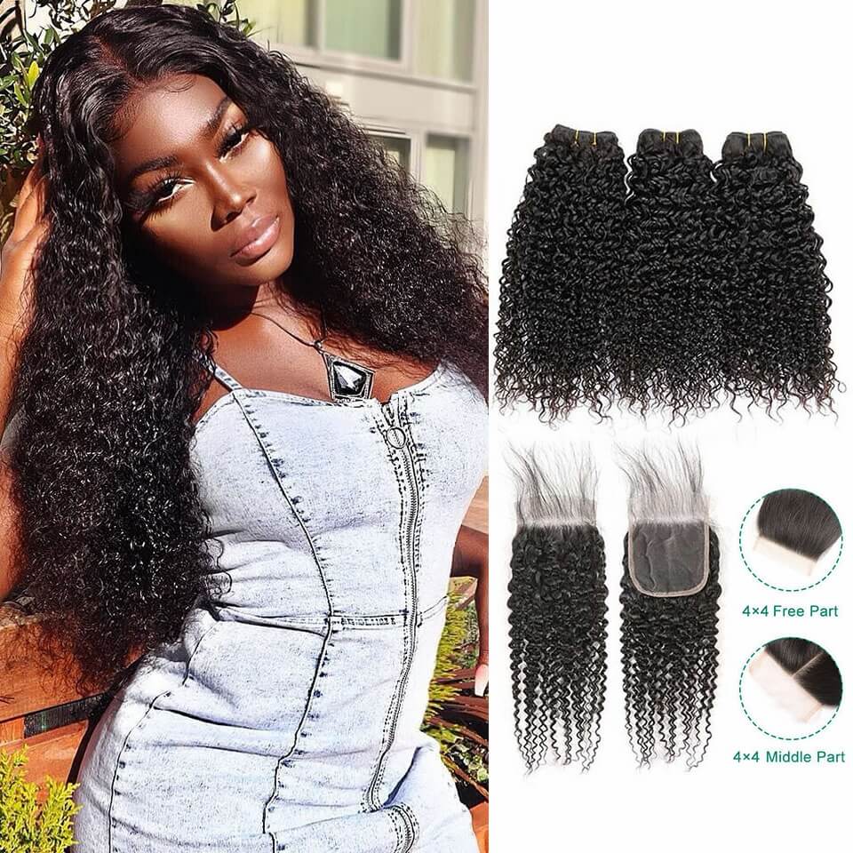 Ali Grace Brazilian Kinky Curly Hair Bundles 3 Pcs With 4x4 Lace Closure Full Cuticle Aligned