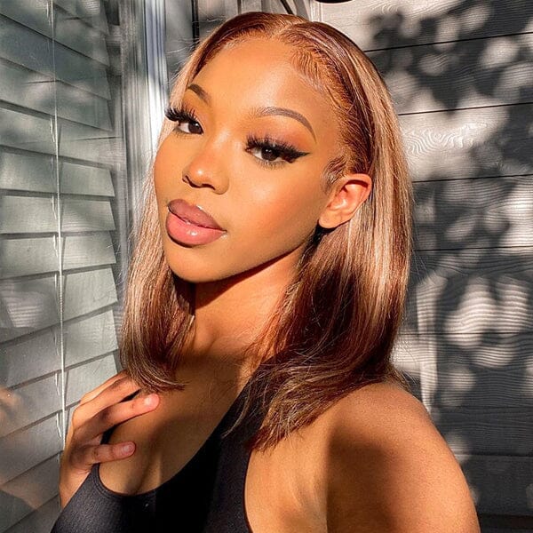Aligrace 4x4 Closure Lace Straight Human Hair Bob Wigs Highlight Brown Color
