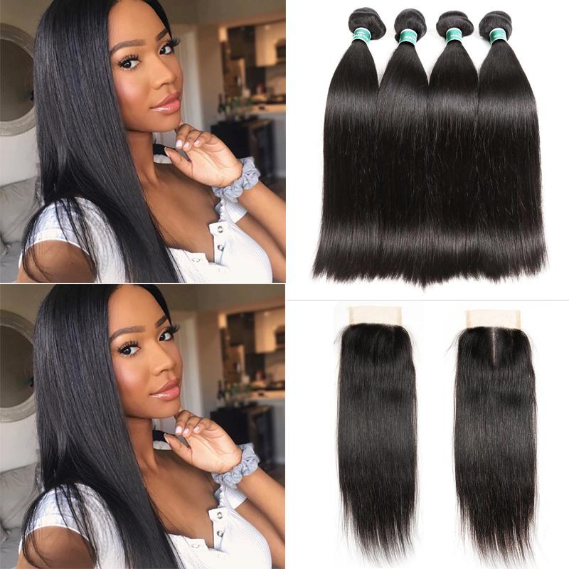 Ali Grace Straight Human Hair Bundles 4 Pcs With 4x4 Lace Closure