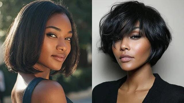 Natural bob wig and layered bixie wig comparison on the same model