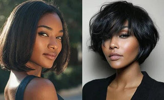 Natural bob wig and layered bixie wig comparison on the same model