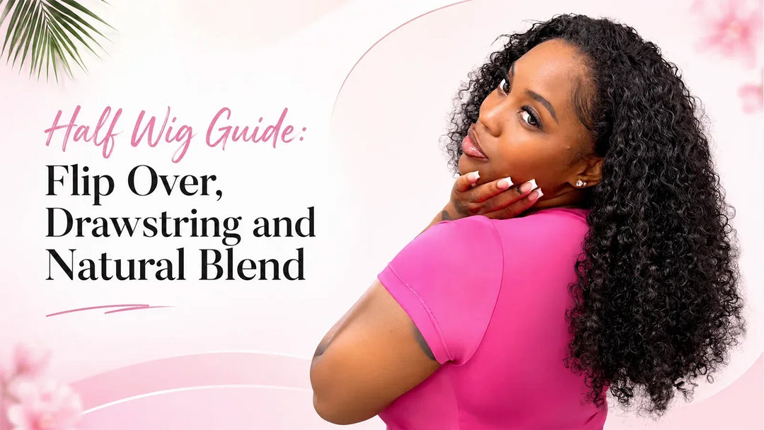 Half wig guide for flip-over styling, drawstring fit and natural hair blending