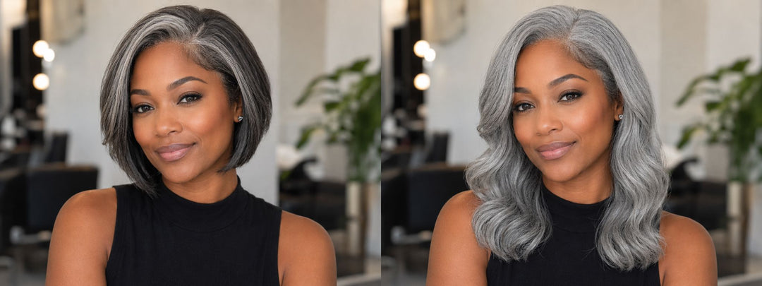 Salt and pepper bob wig compared with a solid gray body wave wig
