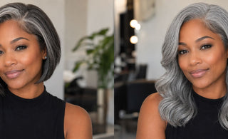 Salt and pepper bob wig compared with a solid gray body wave wig