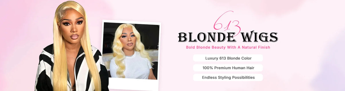 613 blonde human hair wigs with bright blonde color and a smooth, luxurious look