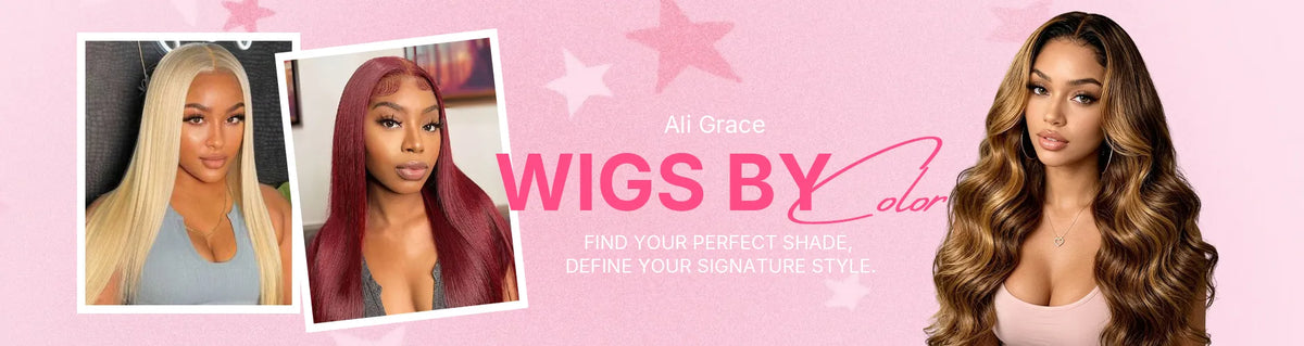 Ali Grace human hair wigs by color featuring blonde, burgundy, brown, highlighted and natural black wig styles