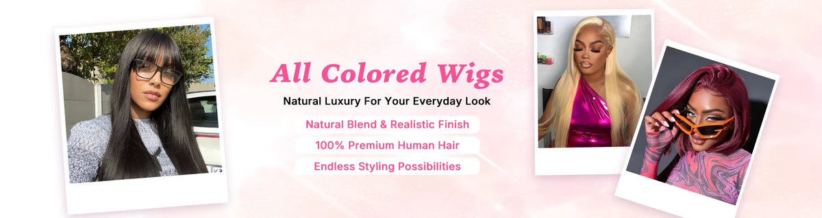 Colored human hair wigs in a variety of shades, from natural tones to bold statement colors