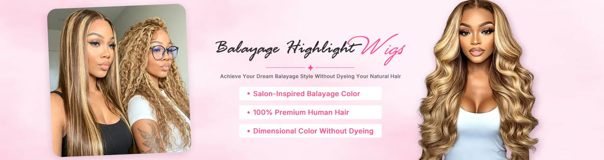 Balayage highlight human hair wigs with blended highlights and a dimensional look