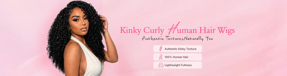 Kinky curly human hair wigs with defined curls, natural texture, and full volume