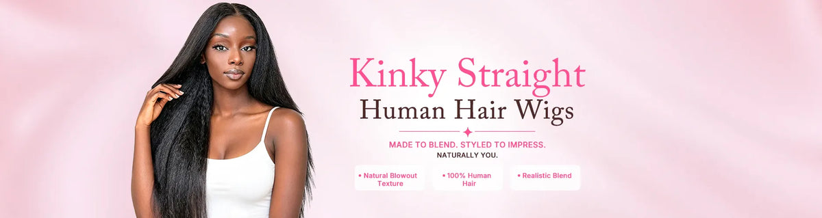 Kinky straight human hair wigs with natural texture, full volume, and a realistic look