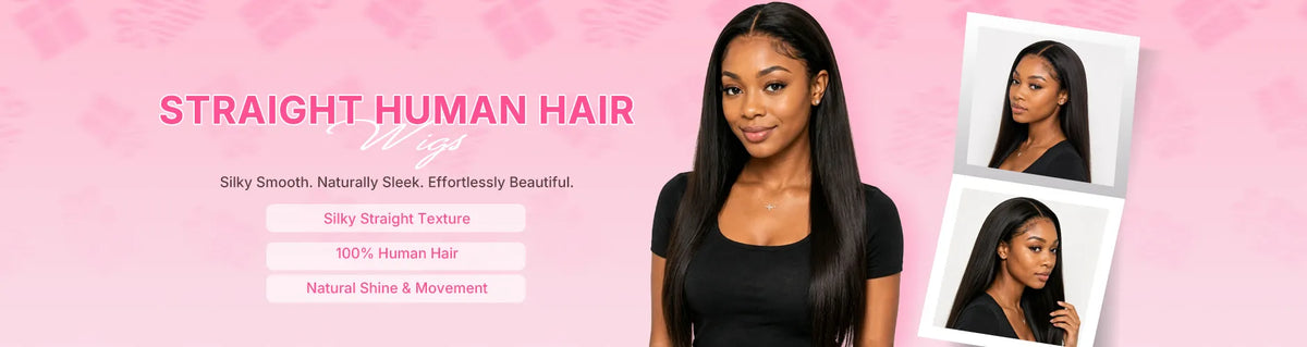 Straight human hair wigs with a sleek texture, natural shine, and smooth movement
