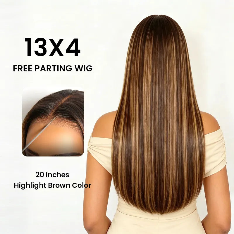Rear view of the Aligrace Highlight Brown Straight Lace Front Wig on a model