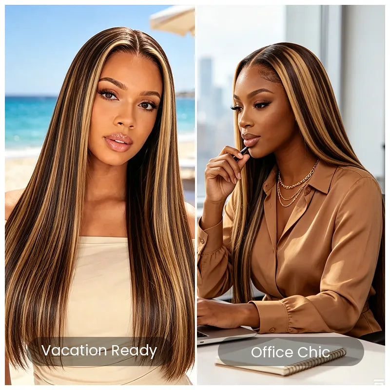 Casual and office hairstyles with the Aligrace Highlight Brown Straight Human Hair Wig