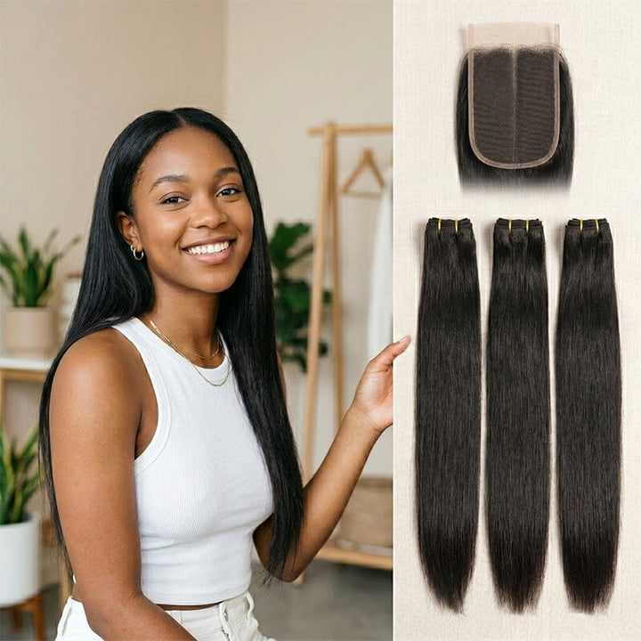Ali Grace Hair Silky Straight Human Hair Bundles with 5x5 Closure 100% Real Hair, Full &amp; Tangle-Free AliGrace 