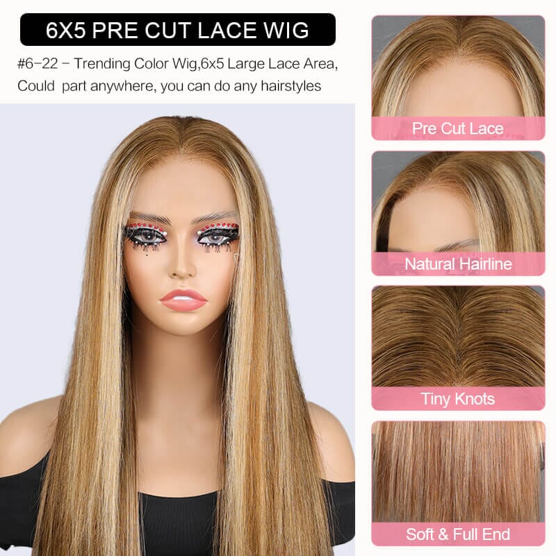 Aligrace Pre Bleached Tiny Knots 6x5 Pre-Cut Lace Straight P6/22 Color Wear & Go Glueless Wig