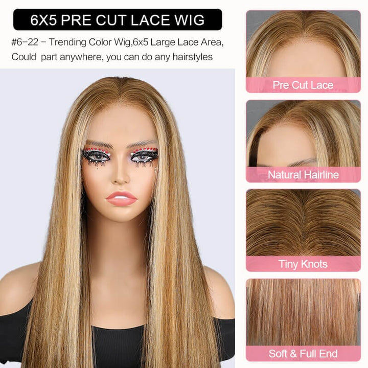 Aligrace Pre Bleached Tiny Knots 6x5 Pre-Cut Lace Straight P6/22 Color Wear &amp; Go Glueless Wig
