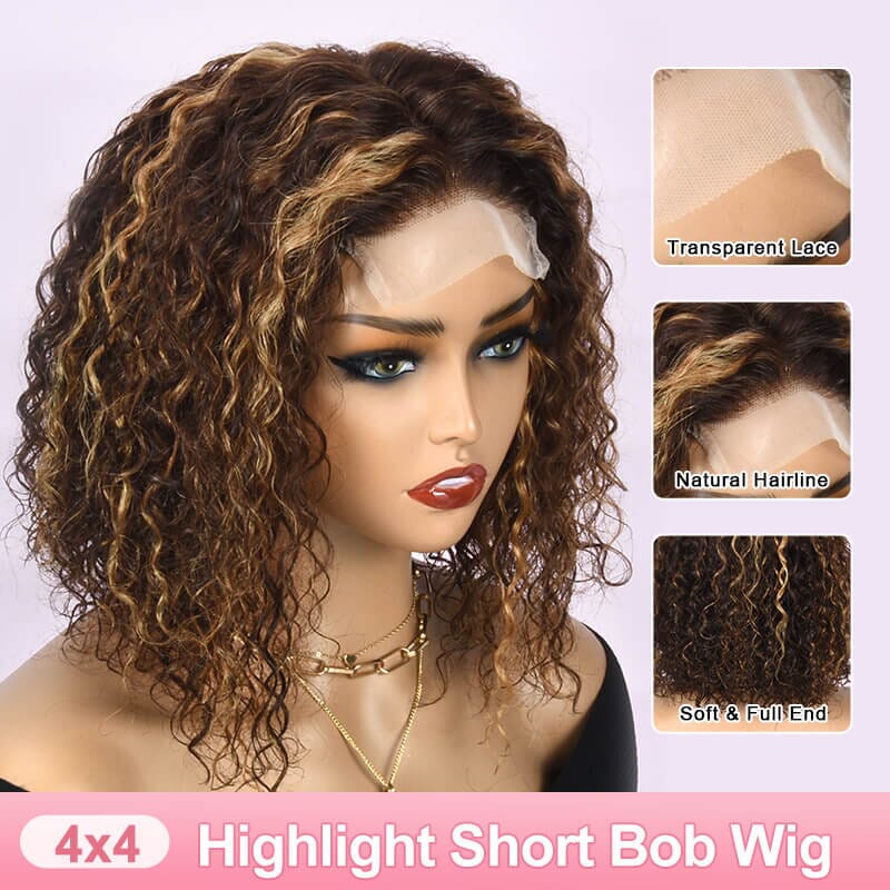 Aligrace 4x4 Lace Curly BoB Wigs Highlight Color