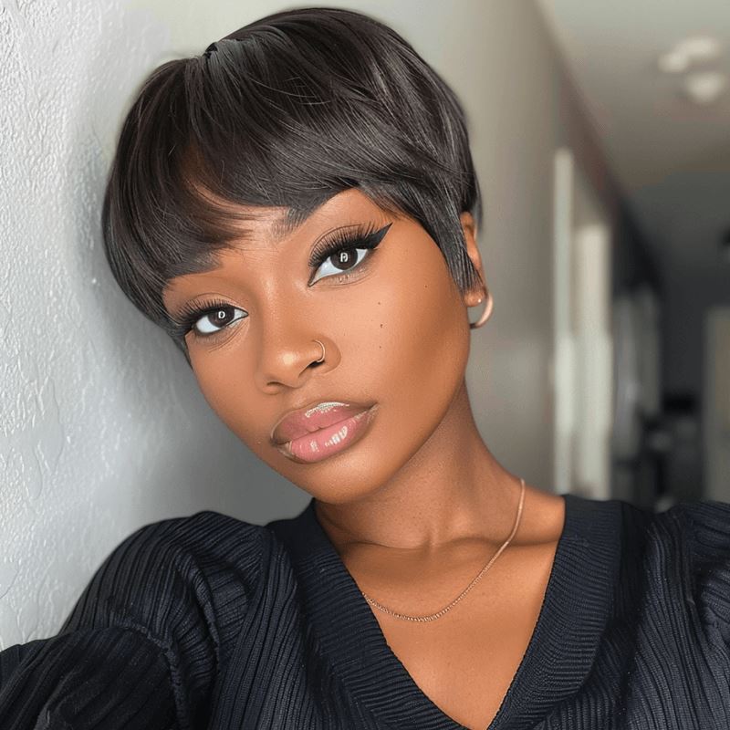 Aligrace Natural Color 6 inch Average Size Pixie Cut Straight Machine Made wig