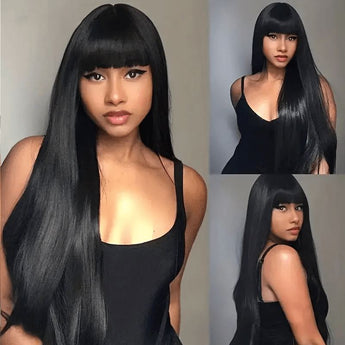 Aligrace Full Machine Made Straight Wigs with Bangs Black Color