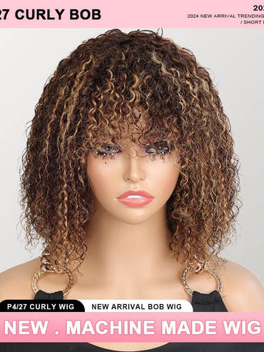 Aligrace P4/27 Highlight Color Curly Straight Bob Human Hair Wigs With Bang