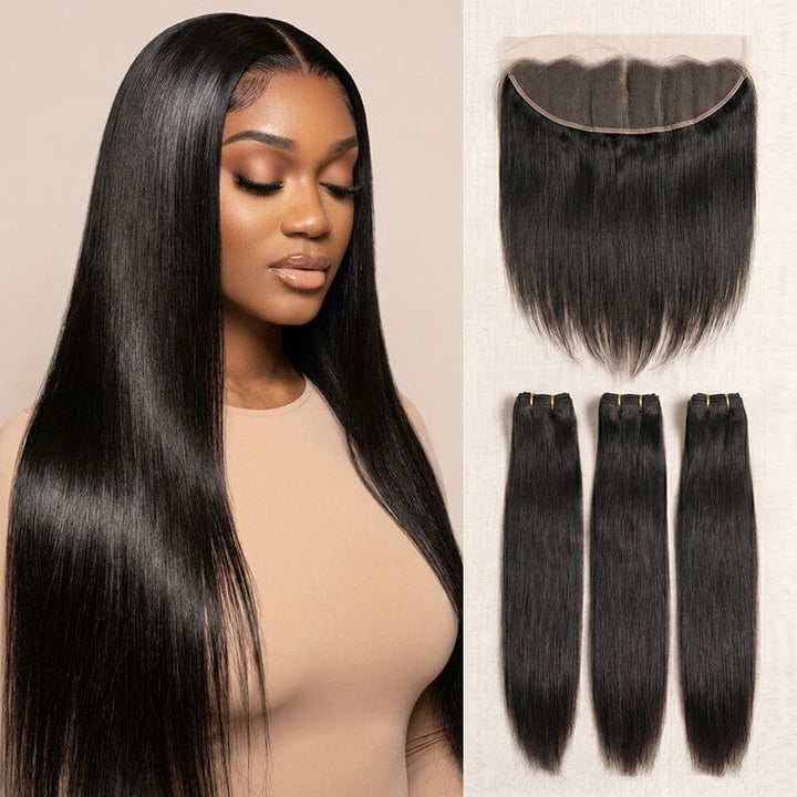 13x4 Lace Frontal with 3 Bundles Brazilian Straight Human Hair – 100% Virgin Hair, Full &amp; Natural Hairline for Black Women AliGrace 