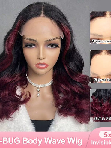 Aligrace T1B/BUG Body Wave 5x5 Transparent Lace Human Hair Color Wig