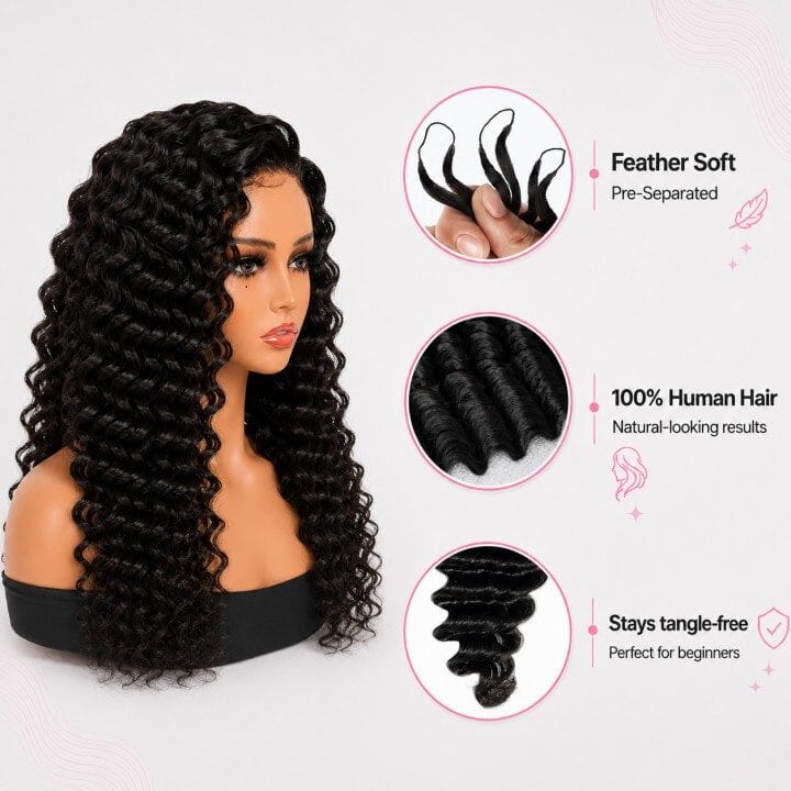 Aligrace Hair Deep Wave Pre-Separated Knotless Crochet Hair Extension Natural Color Feather Soft 100% Human Hair AliGrace 