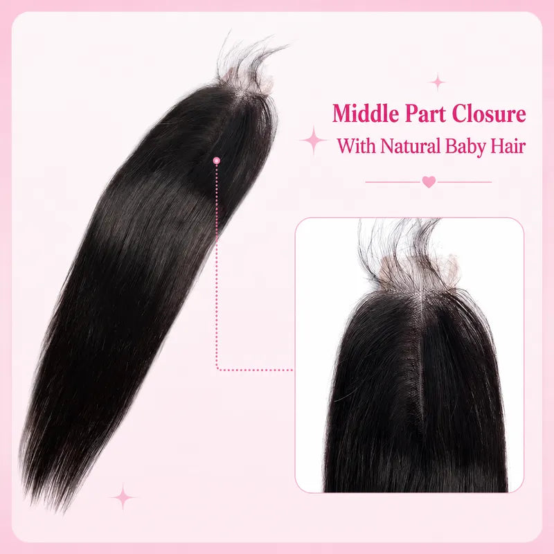 Front view of 2x6 lace closure human hair with natural middle part, realistic hairline and seamless blend