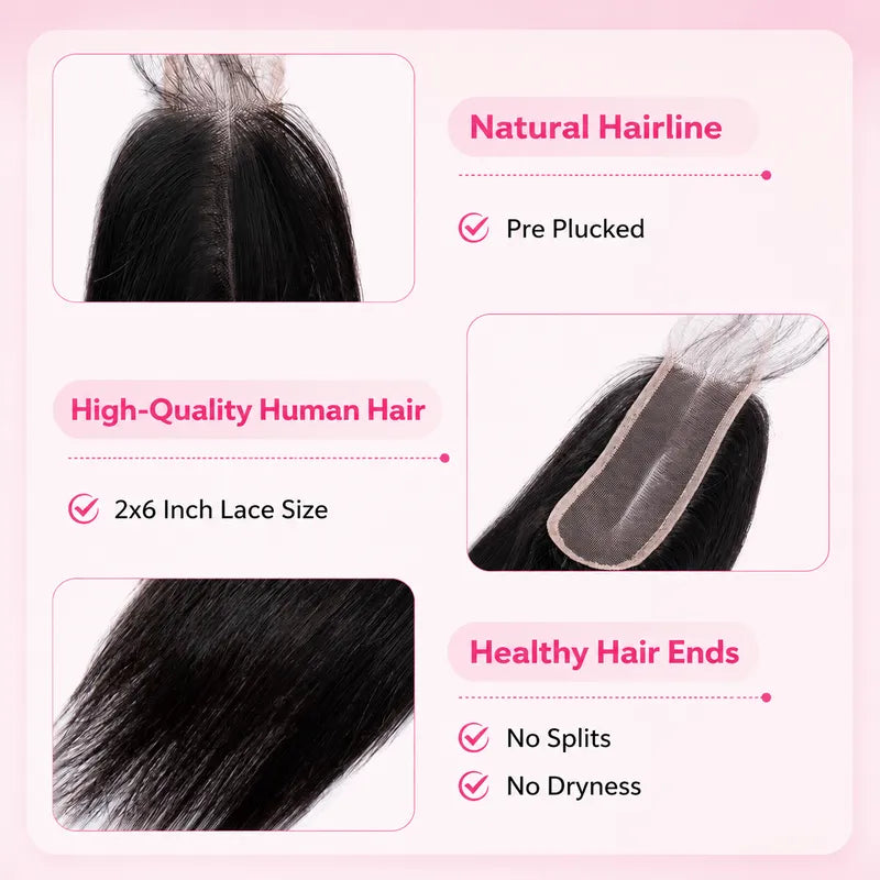 2x6 straight lace closure detail showing smooth human hair strands, natural density and premium texture