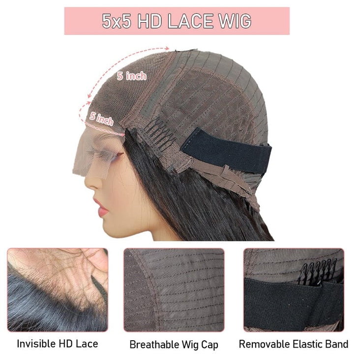 Aligrace 5x5 HD Lace Front Straight Wigs Natural Black