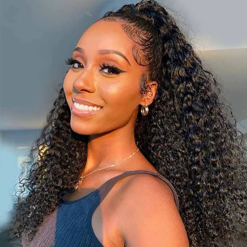 360 lace front human hair wig with pre-plucked hairline, breathable lace design and a natural deep wave hairstyle