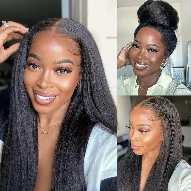 360 lace front kinky straight wig made with 100% human hair featuring a pre-plucked melted hairline and natural ponytail styling freedom