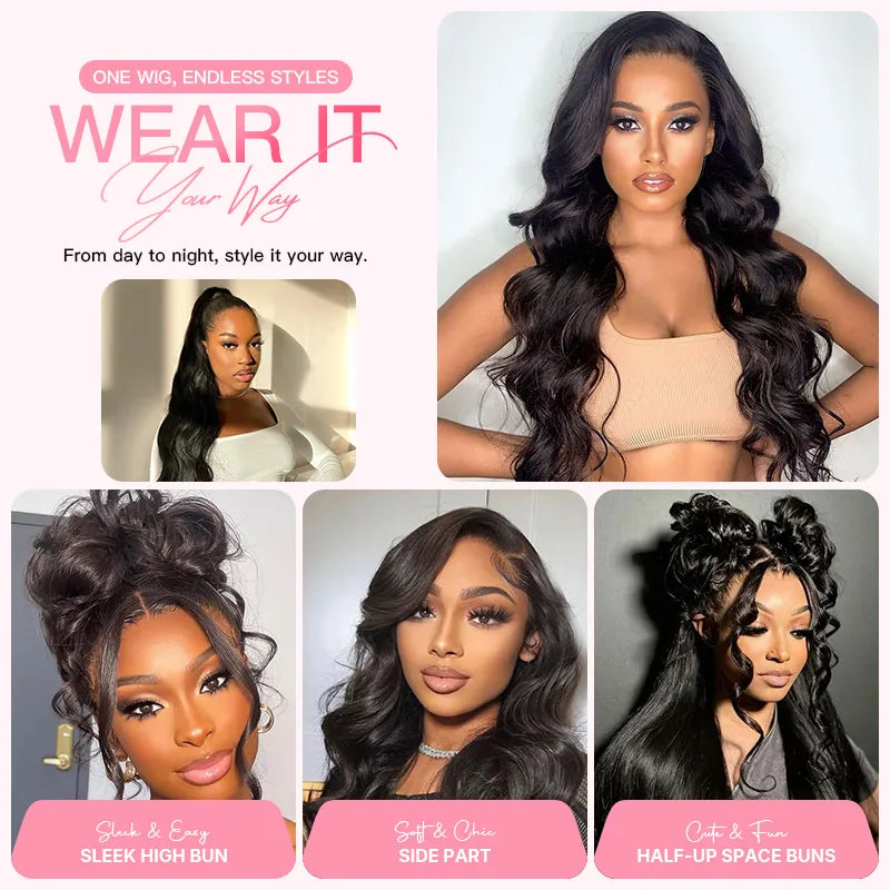 360 lace wig in body wave texture with soft, flowing waves and natural movement
