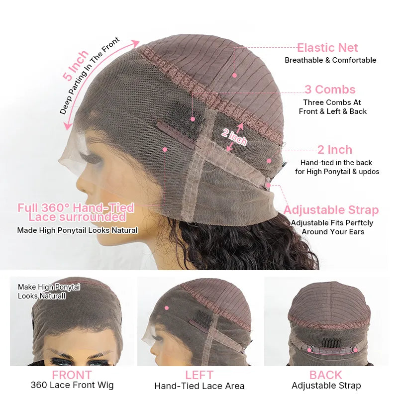 360 lace wig details showing the natural hairline, lace construction, and full coverage
