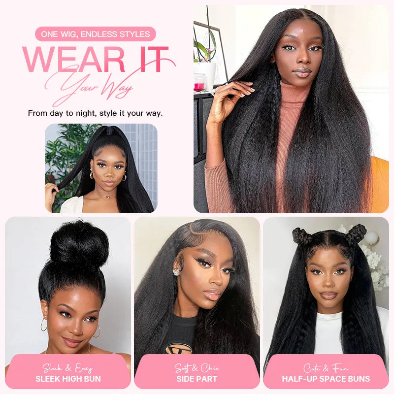 360 lace wig in kinky straight texture with natural volume and a realistic blowout look