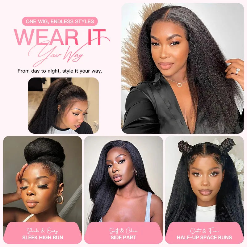 360 lace wig in yaki straight texture with natural volume and a textured straight finish