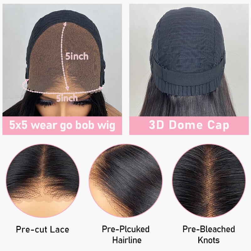 Aligrace Hair 5x5 Pre Cut Lace Wear and Go Glueless Straight Bob Wig for Black Women