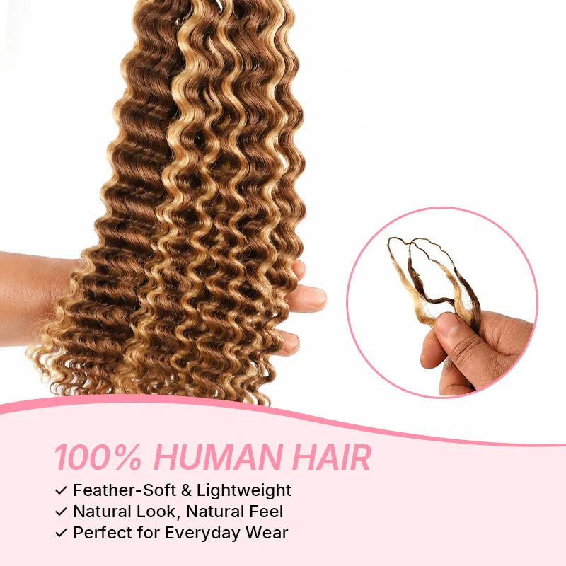 #4/27 highlight deep wave human hair crochet extension with detailed curl pattern, seamless blend and natural-looking protective styles