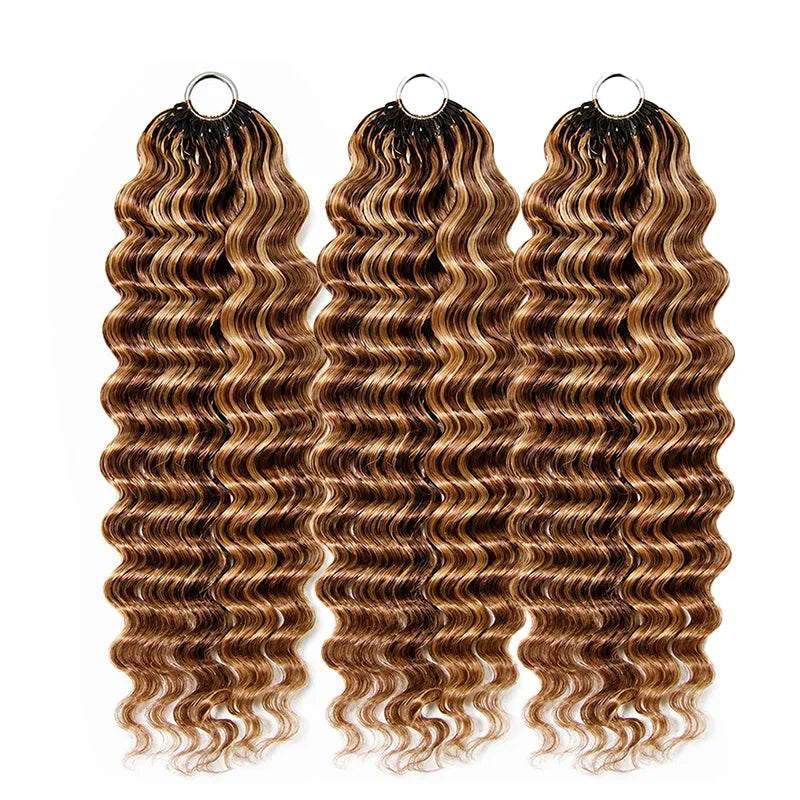 #4/27 highlight crochet hair extension made with 100% human hair, defined deep waves, soft strands and natural shine